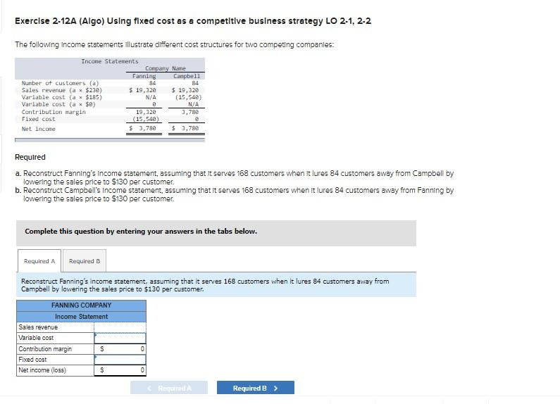 Exercise 2-12A (Algo) Using fixed cost as a competitive business strategy LO