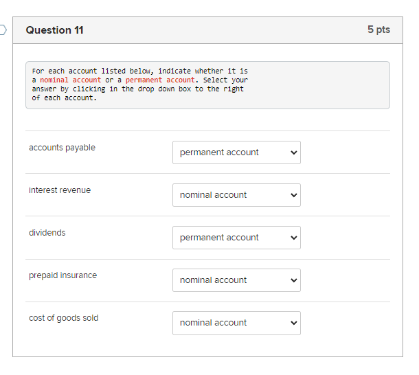 Question 11 For each account listed below, indicate whether it is a