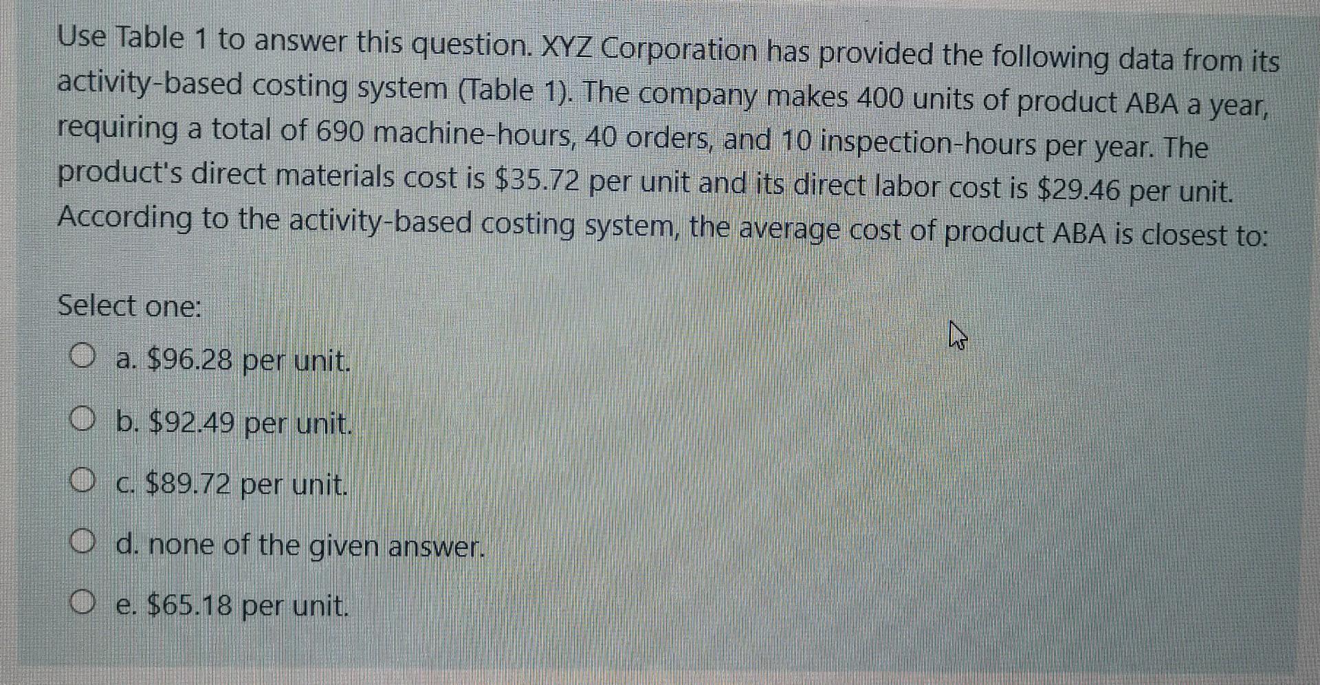 Use Table 1 to answer this question. XYZ Corporation has provided the