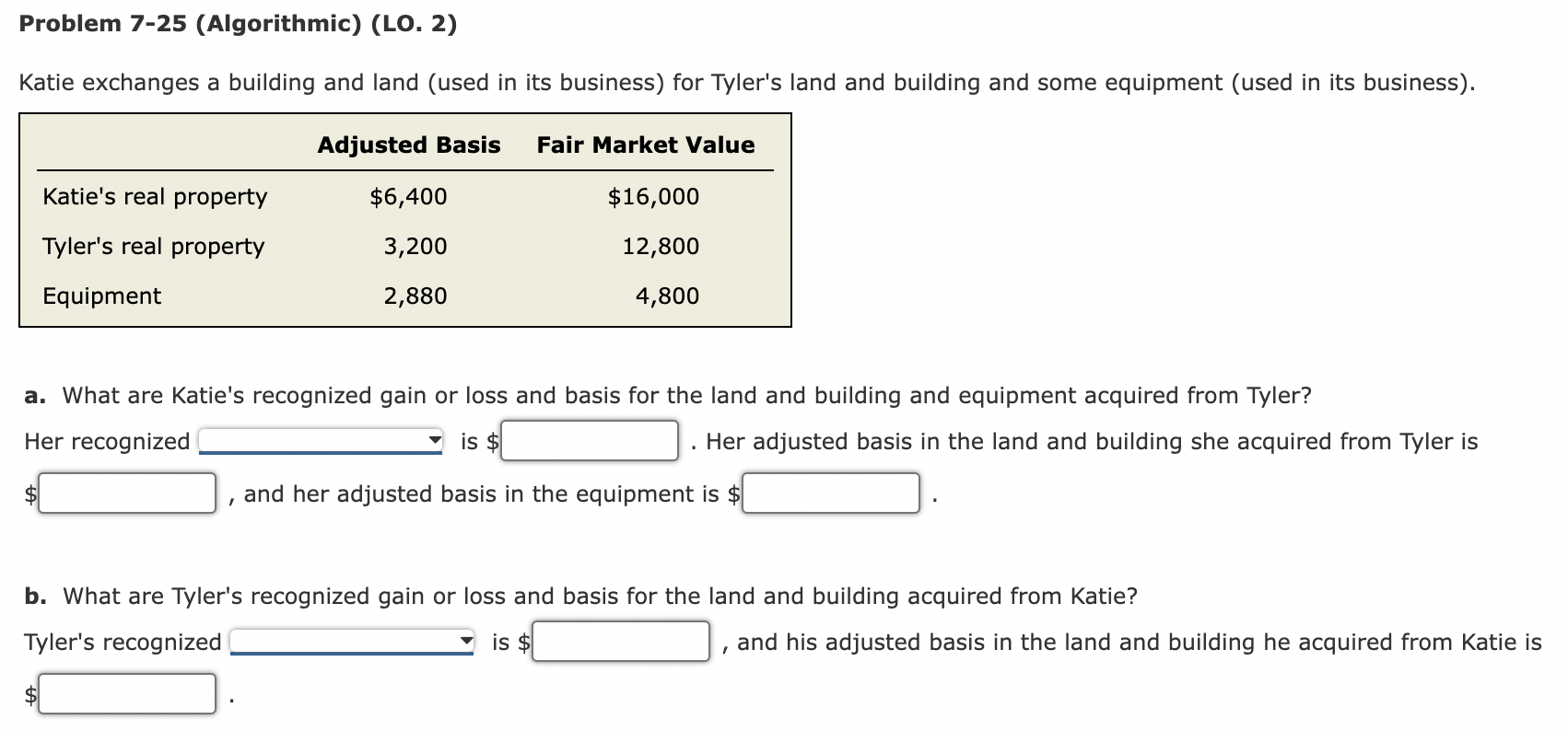 Problem 7-25 (Algorithmic) (LO. 2) Katie exchanges a building and land (used