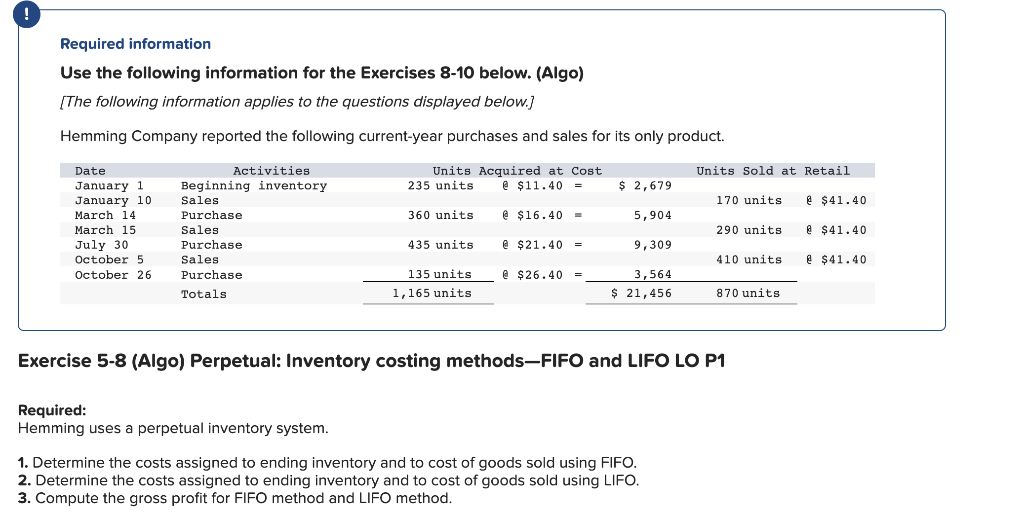 ! Required information Use the following information for the Exercises 8-10 below.