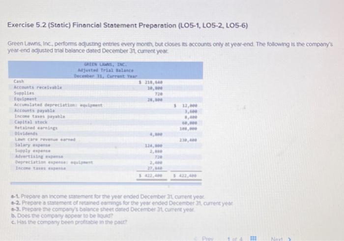 Exercise 5.2 (Static) Financial Statement Preparation (LO5-1, LO5-2, LO5-6) Green Lawns, Inc.,