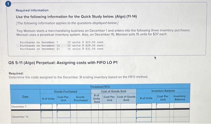 Required information Use the following information for the Quick Study below. (Algo)