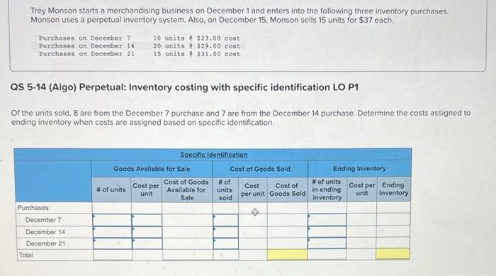 15, Monson sells 15 units for $37 each. Purchases on December 7