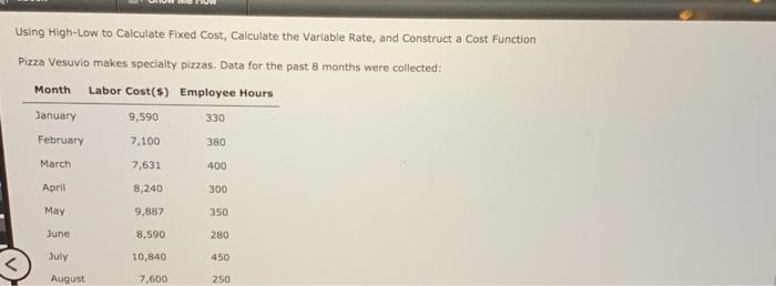 Using High-Low to Calculate Fixed Cost, Calculate the Variable Rate, and Construct