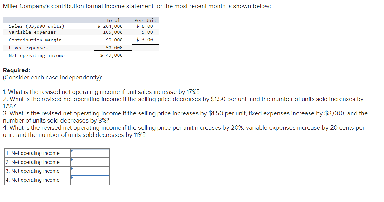Miller Company's contribution format income statement for the most recent month is