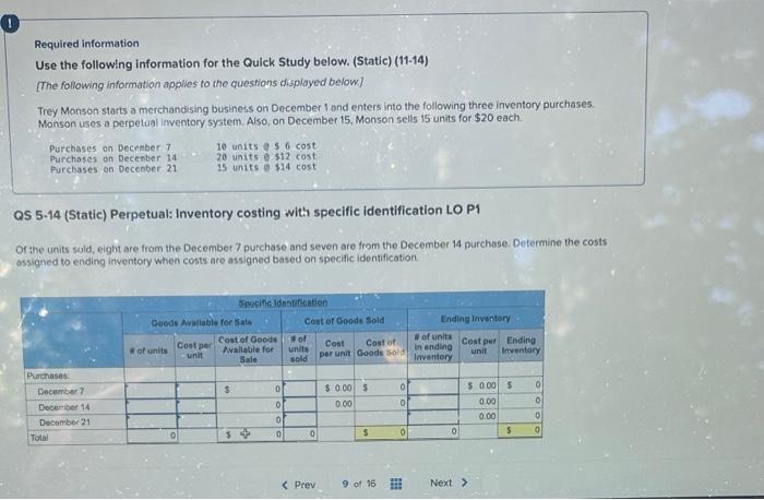 Required information Use the following information for the Quick Study below. (Static)