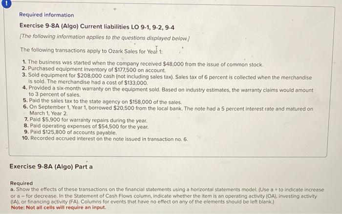 Required information. Exercise 9-8A (Algo) Current liabilities LO 9-1, 9-2, 9-4 [The