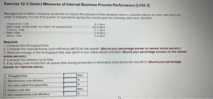 Exercise 12-3 (Static) Measures of Internal Business Process Performance [LO12-3] Management of