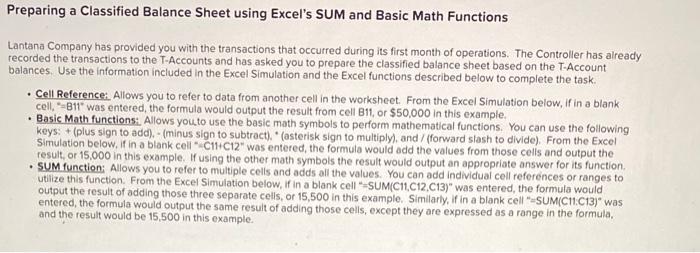 Preparing a Classified Balance Sheet using Excel's SUM and Basic Math Functions
