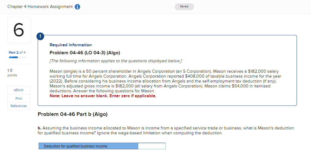 Chapter 4 Homework Assignment Saved 6 Part 2 of 4 1.9 points