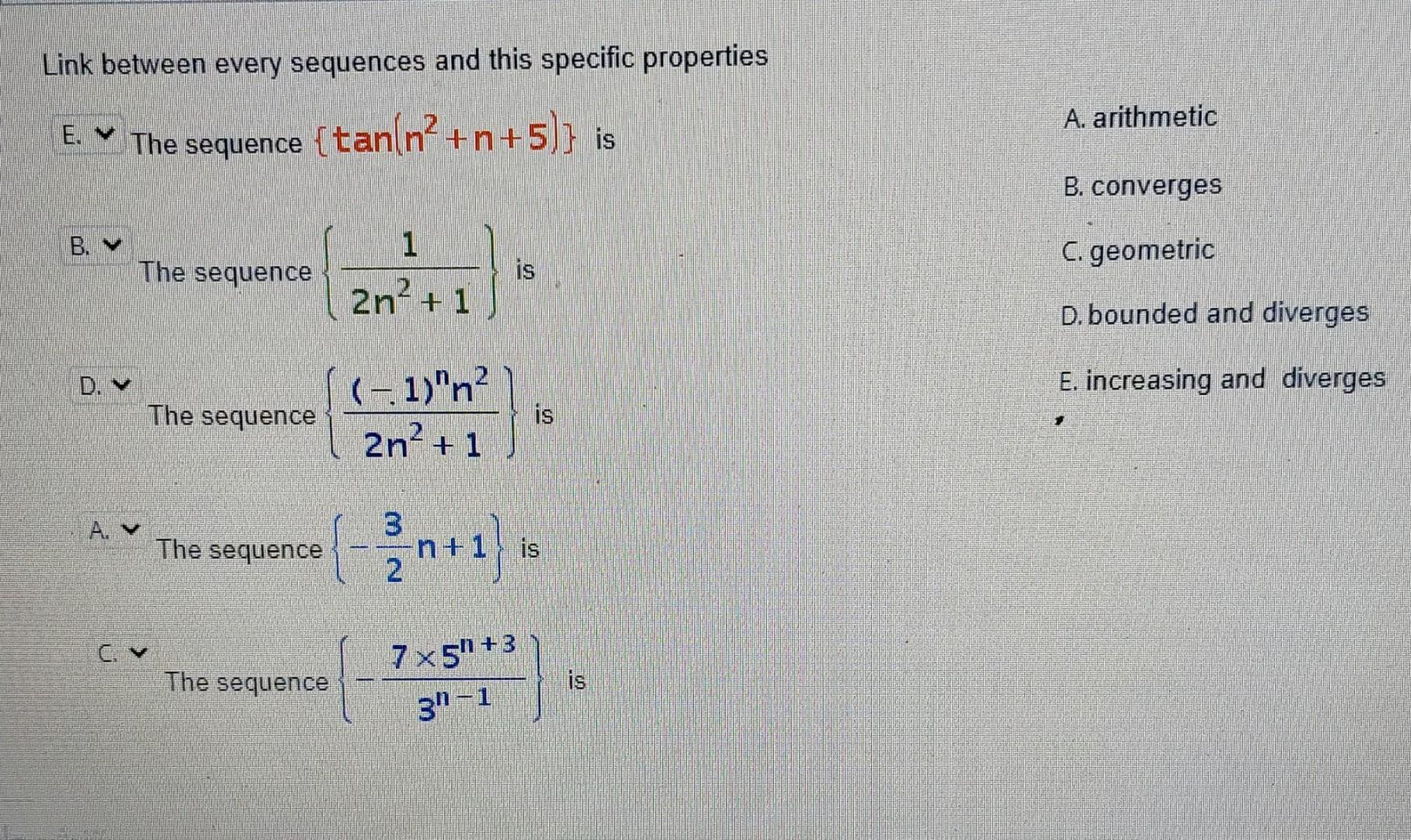 Link between every sequences and this specific properties The sequence {tan(n+n+5)] is