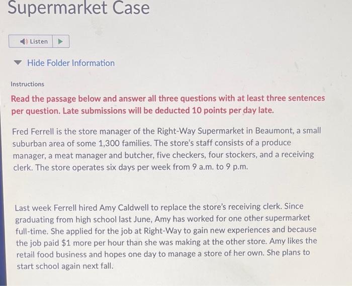 Supermarket Case Listen Hide Folder Information Instructions Read the passage below and