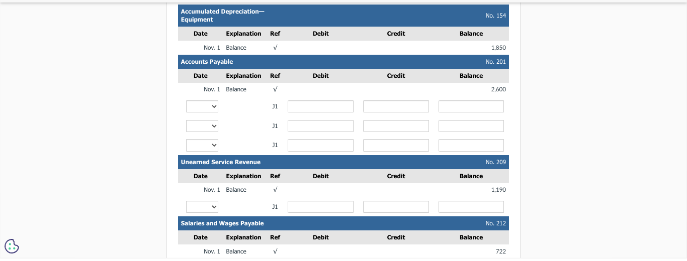 No. 407 Service Revenue, No. 615 Depreciation Expense, No. 631 Supplies Expense,