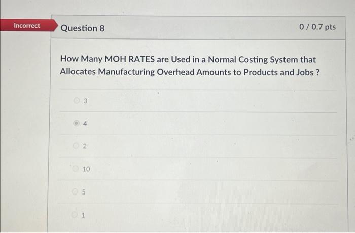 Incorrect Question 8 0/0.7 pts How Many MOH RATES are Used in