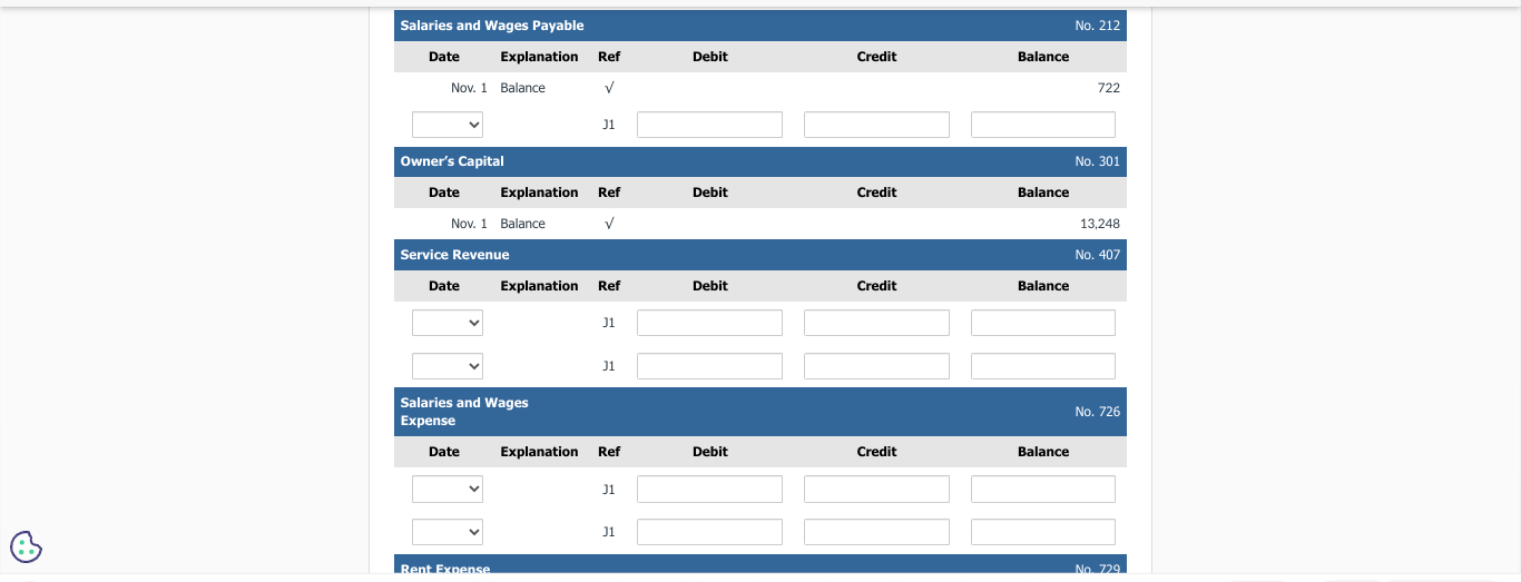 No. 726 Salaries and Wages Expense, and No. 729 Rent Expense. Cash