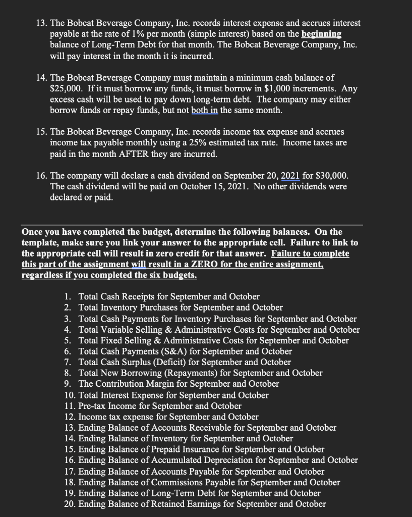 Bobcat Beverage Company, Inc., comprehensive budget for September 2021 and October 2021.