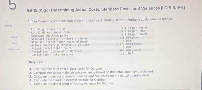 b 3 points eBook Print References E9-15 (Algo) Determining Actual Costs, Standard