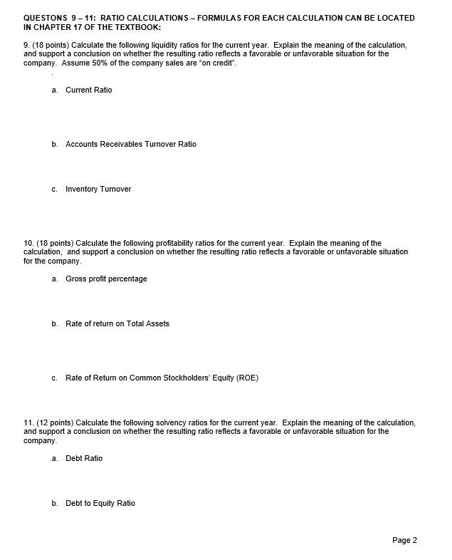 QUESTONS 9-11: RATIO CALCULATIONS - FORMULAS FOR EACH CALCULATION CAN BE LOCATED