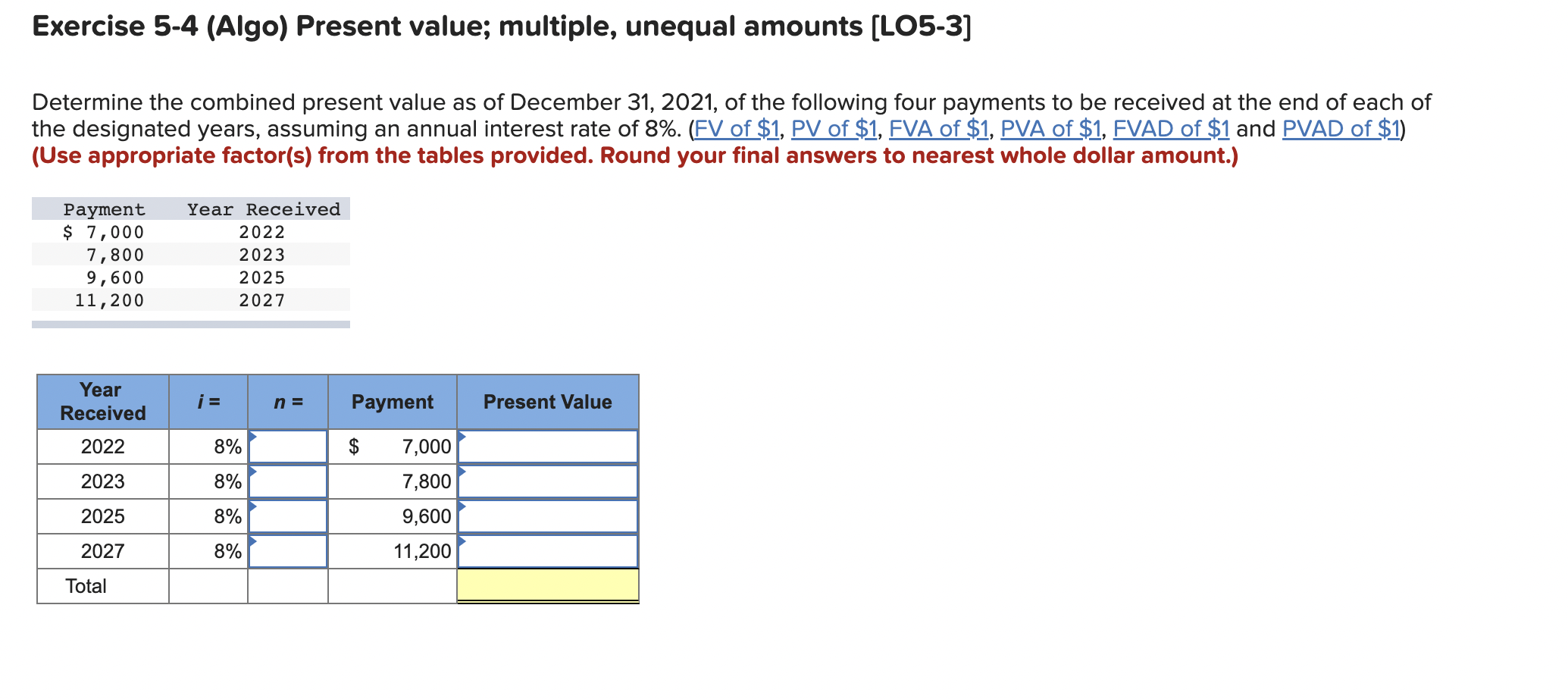 Exercise 5-4 (Algo) Present value; multiple, unequal amounts [LO5-3] Determine the combined
