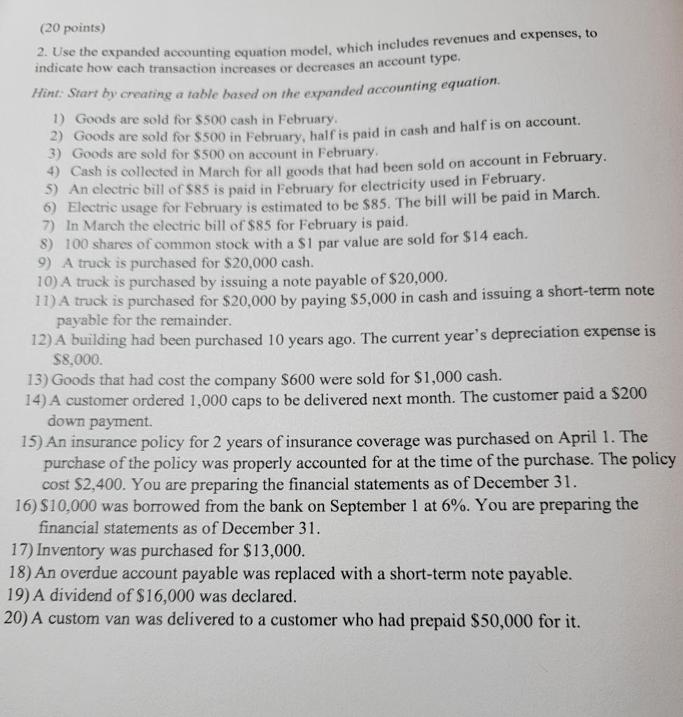 (20 points) 2. Use the expanded accounting equation model, which includes revenues