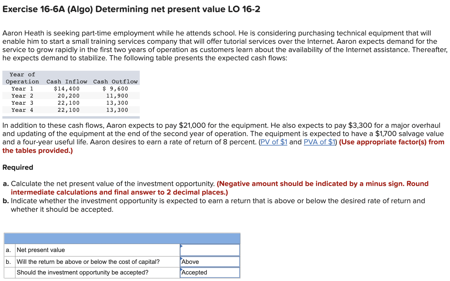 Exercise 16-6A (Algo) Determining net present value LO 16-2 Aaron Heath is