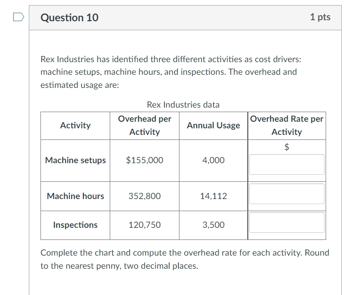 Question 10 Rex Industries has identified three different activities as cost drivers: