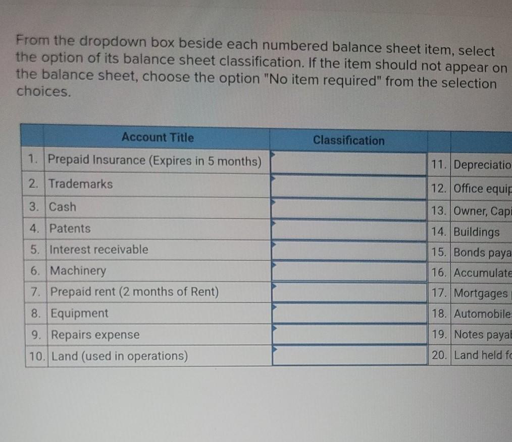 From the dropdown box beside each numbered balance sheet item, select the