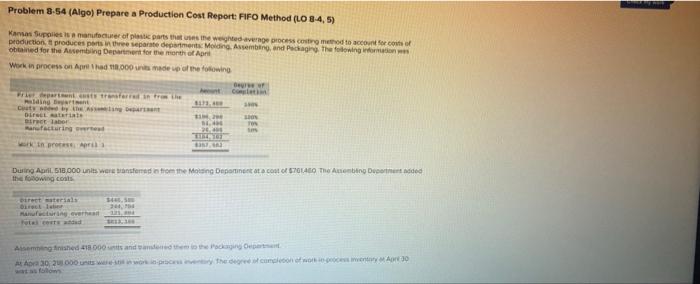 Problem 8-54 (Algo) Prepare a Production Cost Report: FIFO Method (LO 8-4,