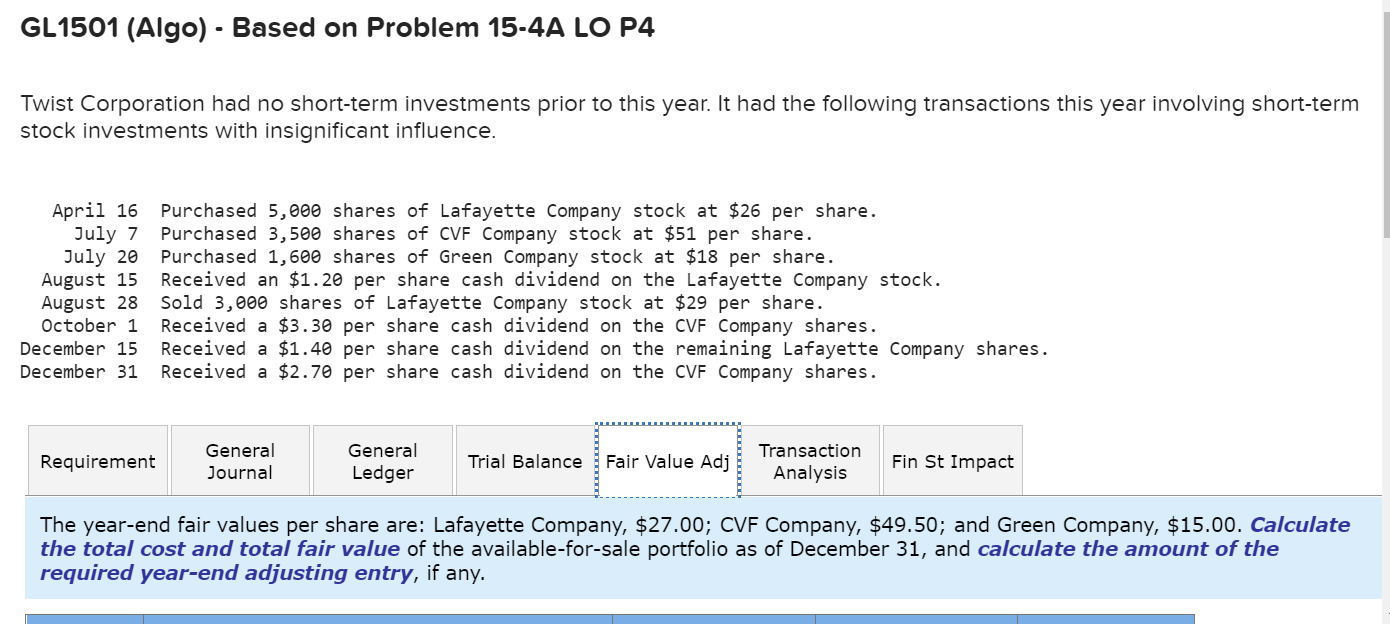 GL1501 (Algo) - Based on Problem 15-4A LO P4 Twist Corporation had