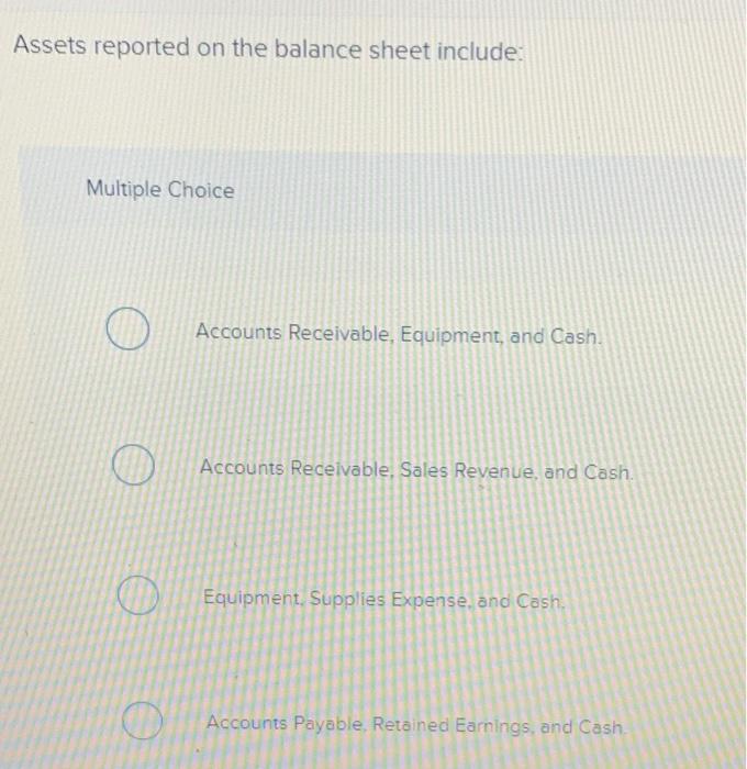 Assets reported on the balance sheet include: Multiple Choice Accounts Receivable, Equipment,