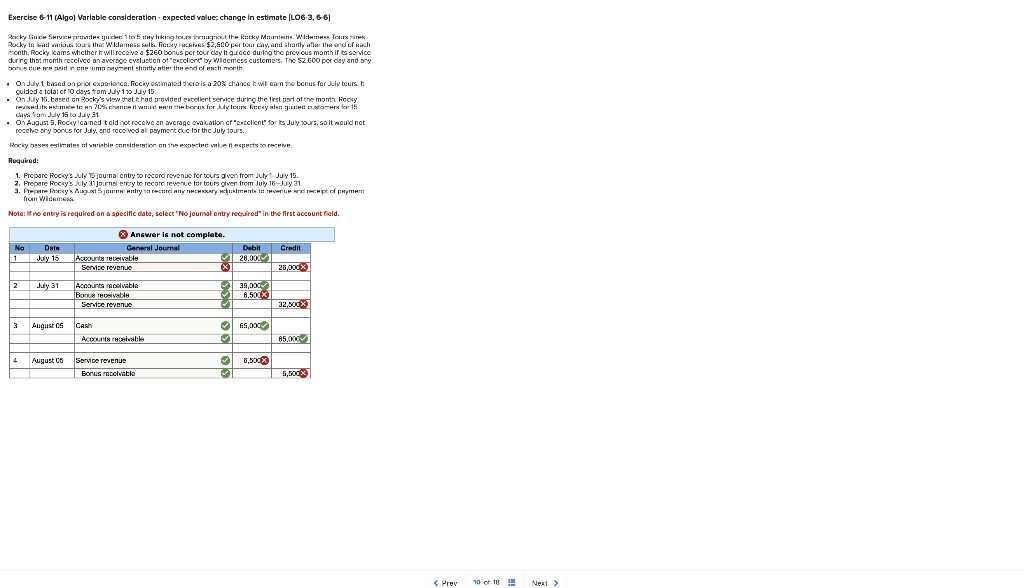 Exercise 6-11 (Algo) Variable consideration expected value; change in estimate [LO6-3, 6-6)