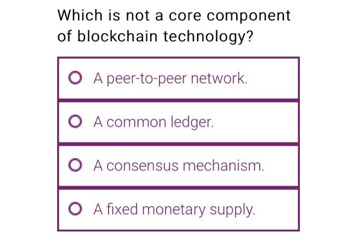 Which is not a core component of blockchain technology? OA peer-to-peer network.