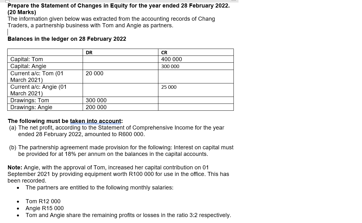 Prepare the Statement of Changes in Equity for the year ended 28