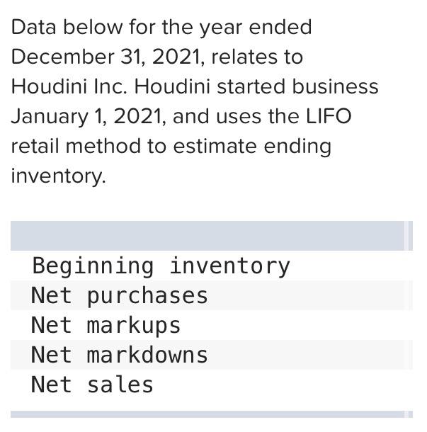 Data below for the year ended December 31, 2021, relates to Houdini