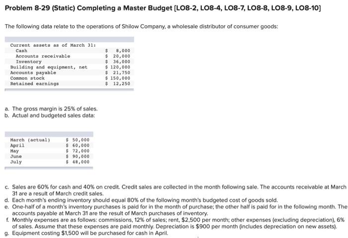 Problem 8-29 (Static) Completing a Master Budget (LO8-2, LO8-4, LO8-7, LO8-8, LO8-9,