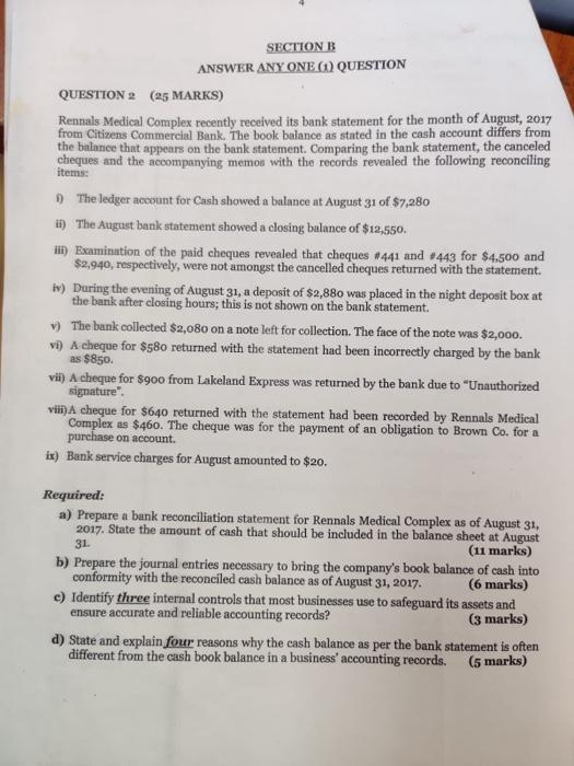 SECTION B ANSWER ANY ONE (1) QUESTION QUESTION 2 (25 MARKS) Rennals
