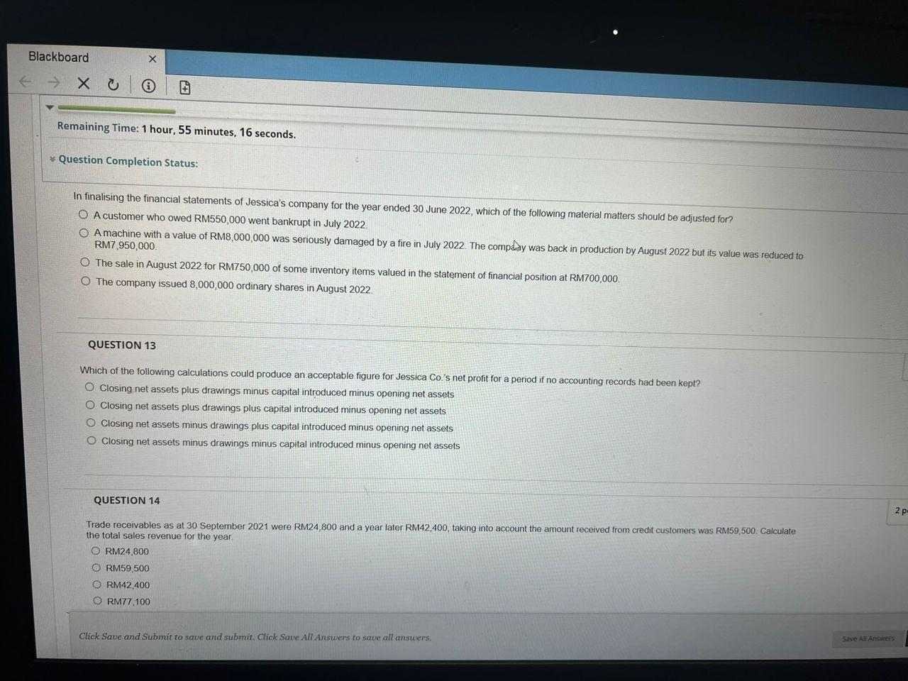 Blackboard XC X CO Remaining Time: 1 hour, 55 minutes, 16 seconds.