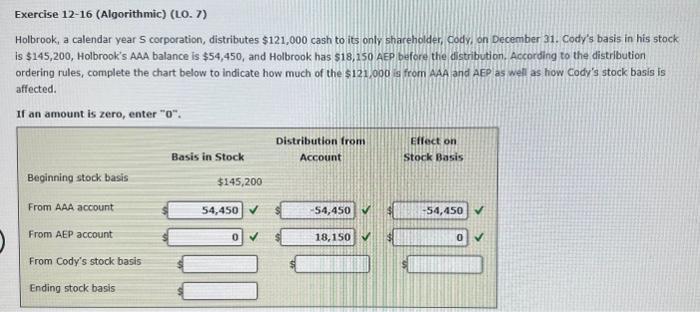 Exercise 12-16 (Algorithmic) (LO. 7) Holbrook, a calendar year S corporation, distributes