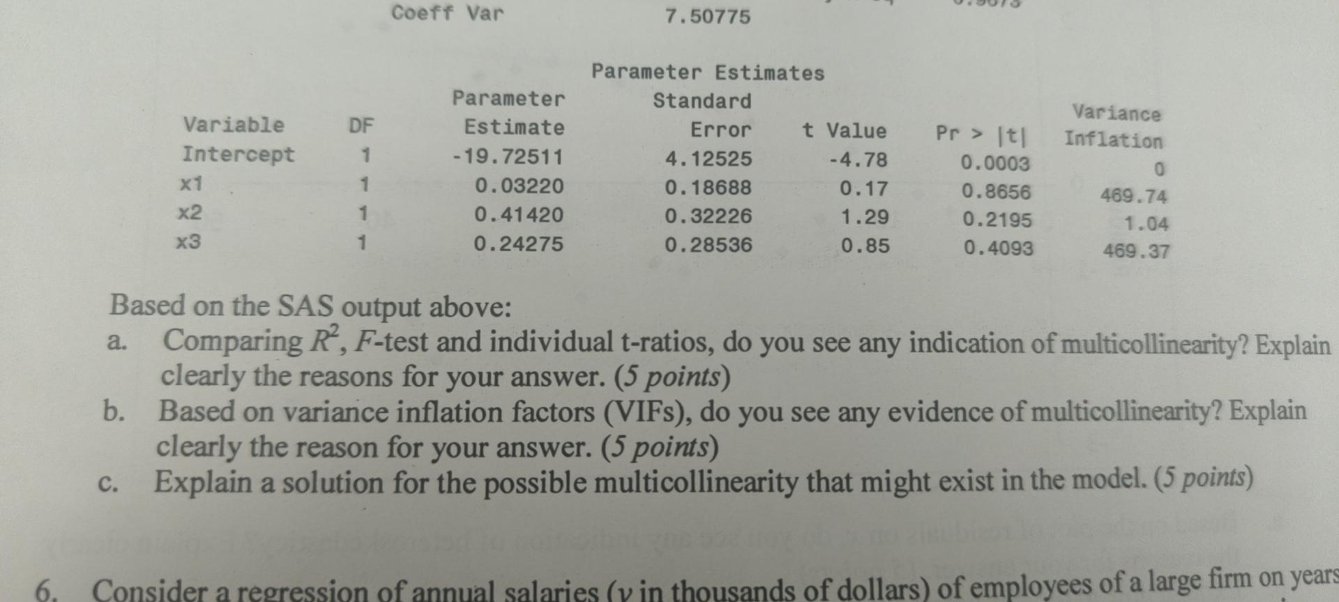 Coeff Var 7.50775 Parameter Estimates Parameter Standard Variance Variable DF Estimate Error