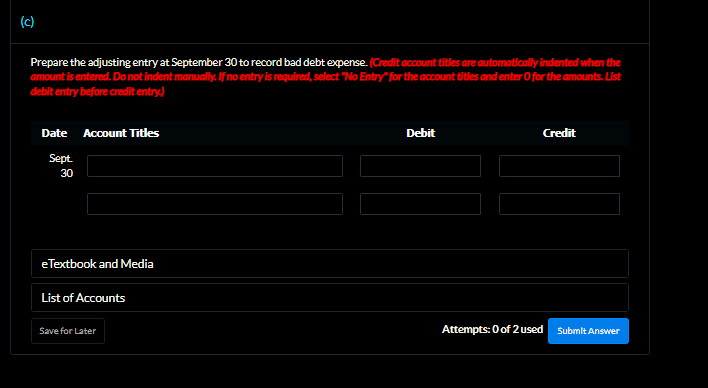 (c) Prepare the adjusting entry at September 30 to record bad debt
