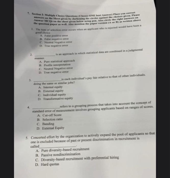7. Section 1: Multiple Choice Questions (Choose ONE best Answer) Place you