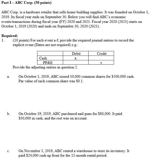 Part I - ABC Corp. (50 points) ABC Corp. is a hardware