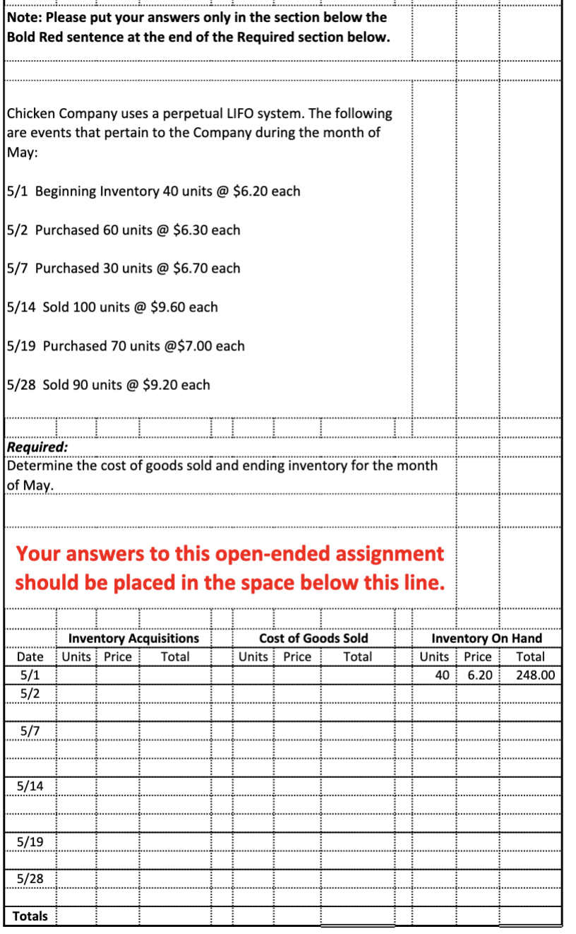 Note: Please put your answers only in the section below the Bold