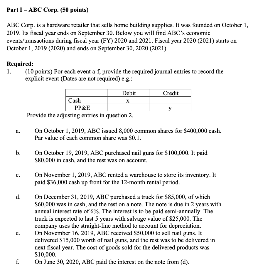 Part I - ABC Corp. (50 points) ABC Corp. is a hardware