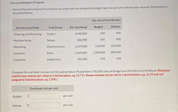 Current Attempt in Progress Monty Manufacturing has five activity cost pools and
