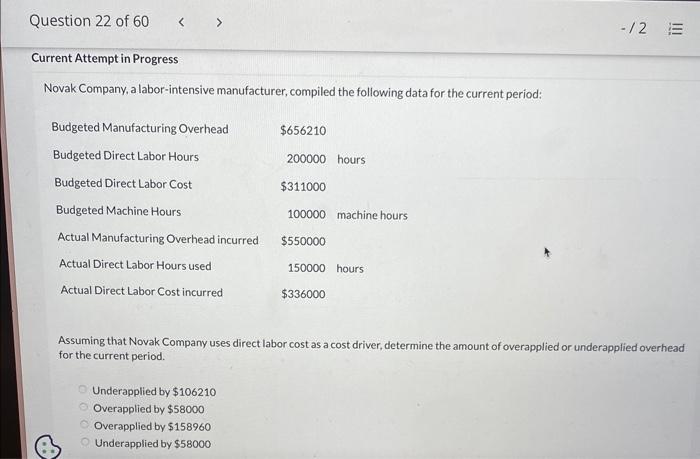Question 22 of 60 < > Current Attempt in Progress Novak Company,