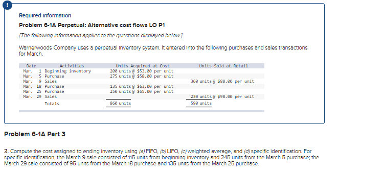 Required Information Problem 6-1A Perpetual: Alternative cost flows LO P1 [The following