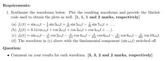 Requirements: 1. Synthesise the waveforms below. Plot the resulting waveforms and provide