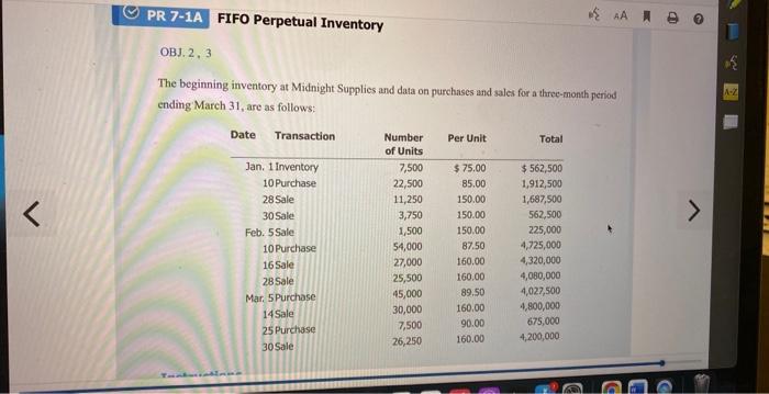 < AA PR 7-1A FIFO Perpetual Inventory OBJ. 2, 3 The beginning